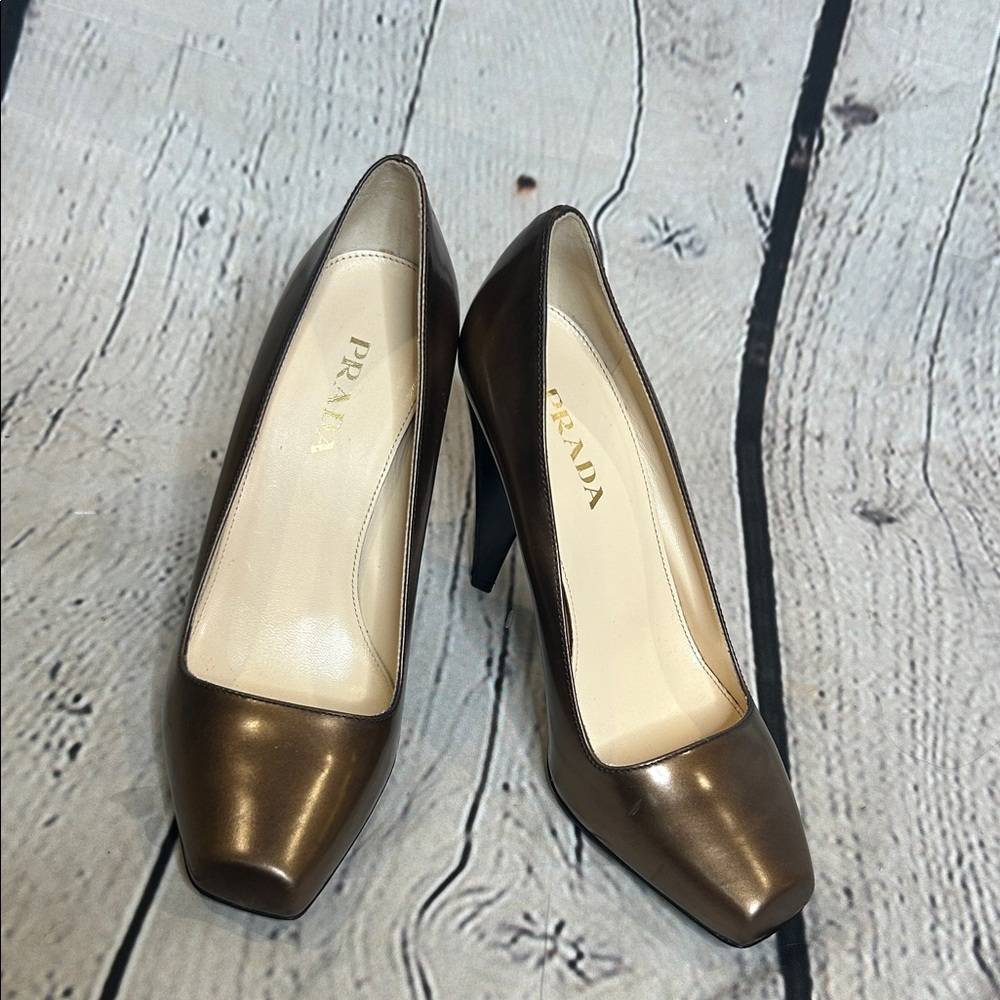 Prada Metallic Bronze Brown Square Toe Heels Size 37.5